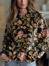 Women's Vintage Lovely Floral Art Print Knit Turtleneck Pullover Sweater